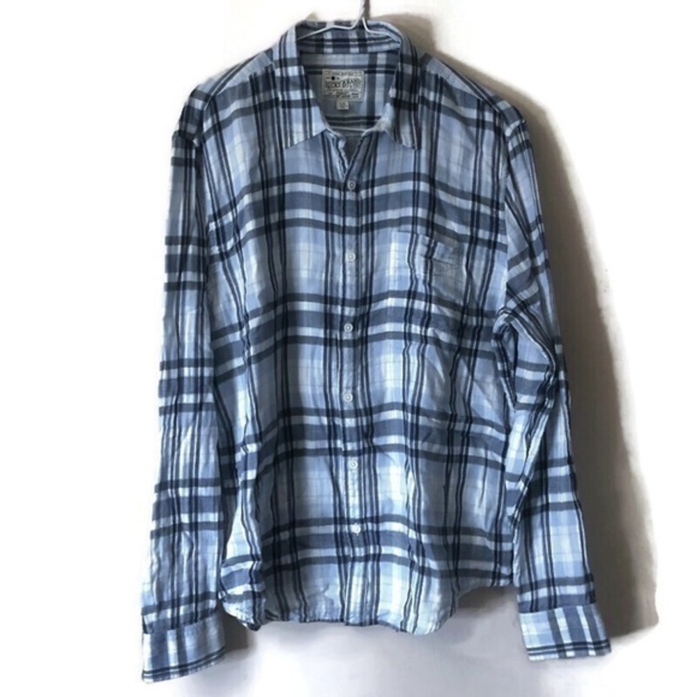 lucky brand mens blue plaid button up shirt sz large